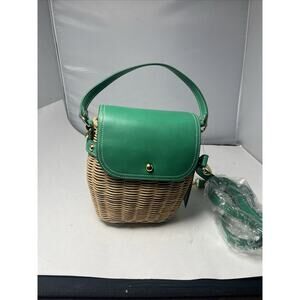 TOMMY BAHAMA Small Flap Green Faux Leather Wicker/Straw Crossbody Dome Bag NWT